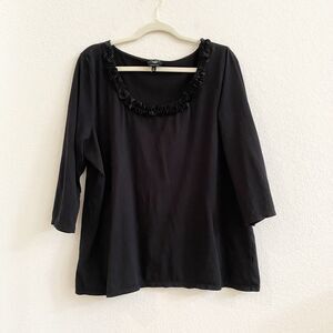 Talbots Plus Size 2X Black Ruffled‎ Neck Super Soft Cotton Blend Long Sleeve Tee